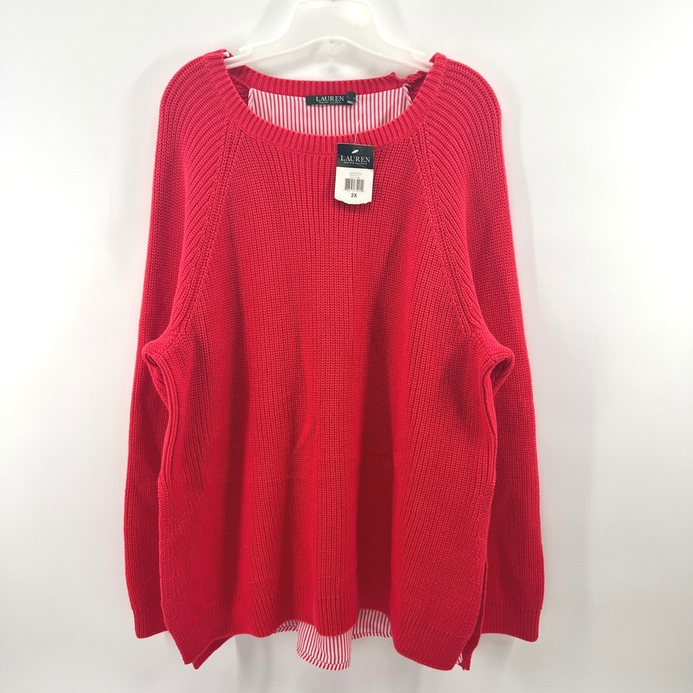 Lauren Ralph Lauren Sweater Womens 2X Red Coral Layered Cotton Top Twofer Knit